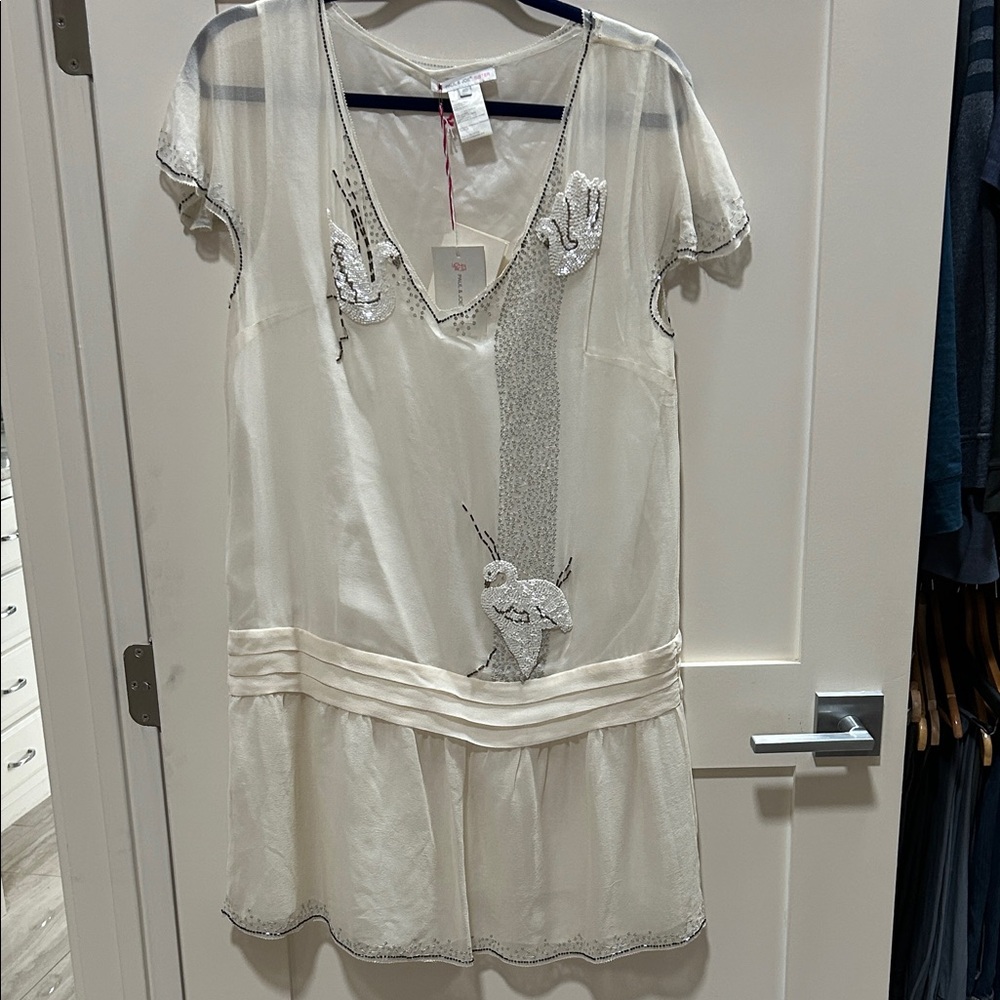Paul & Joe Sister - Elegant Cream flapper style Dress beaded swans Silk